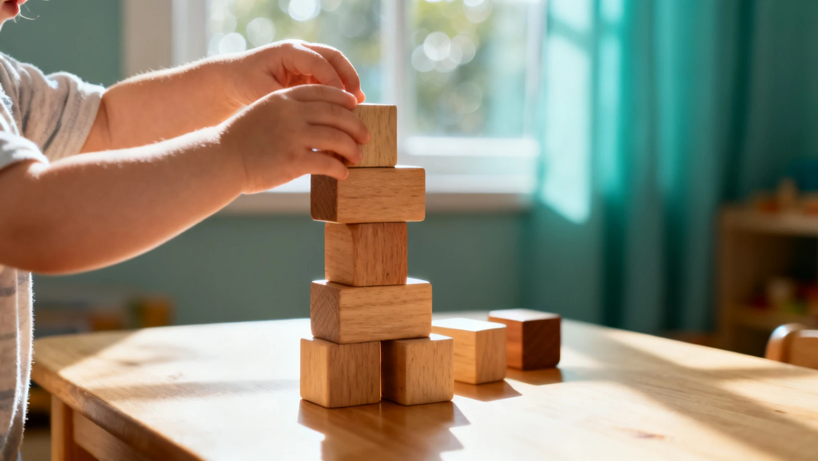 Mains d'enfant manipulant du matériel Montessori en bois